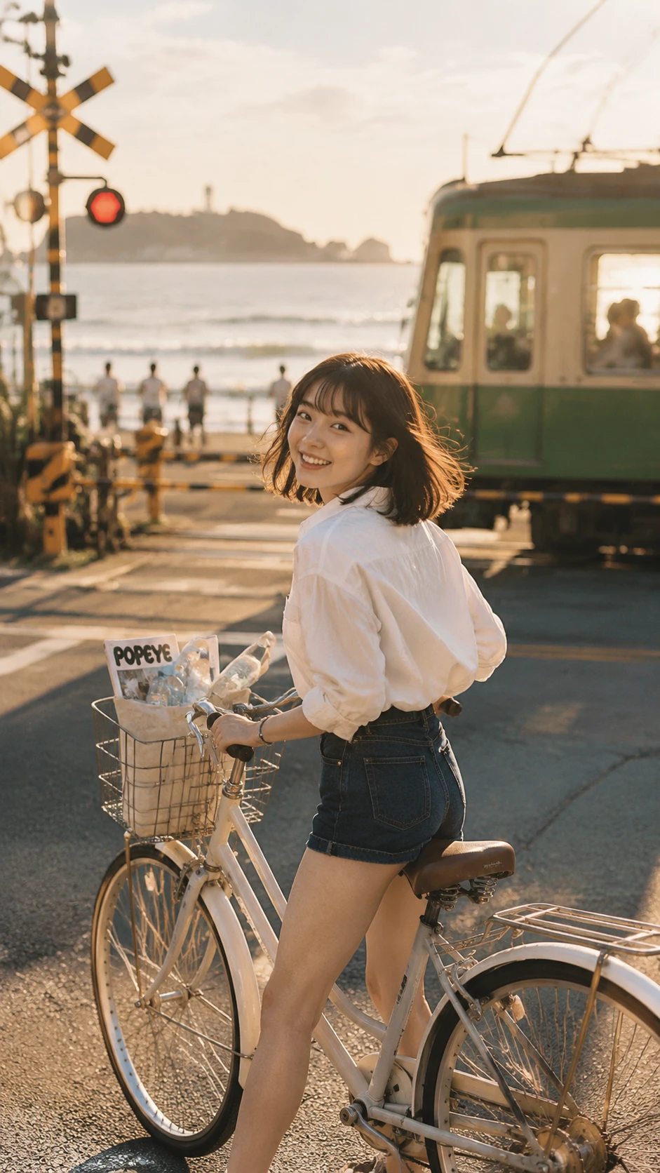 Smiling girl on bicycle at seaside road sunset