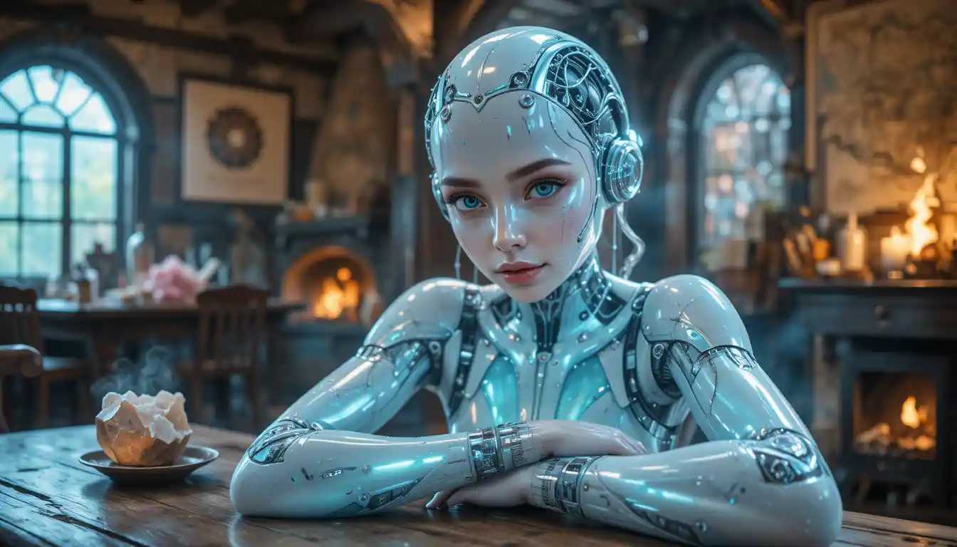 Biomechanical cyborg woman by a wooden table in guild hall