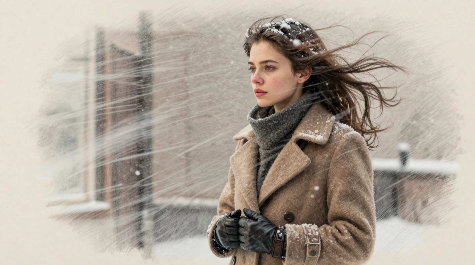 Young woman in wool coat facing a rushing winter wind