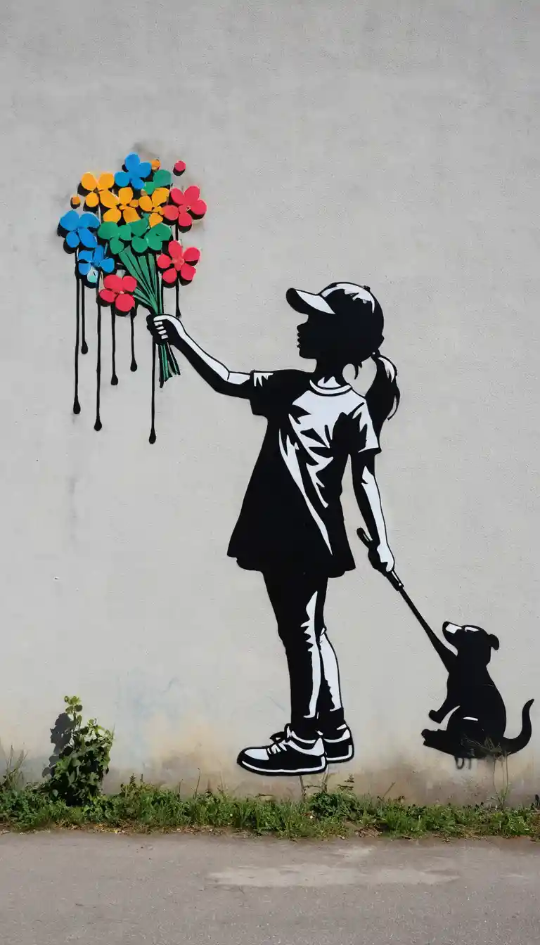 Street art silhouettes of children facing each other on concrete wall