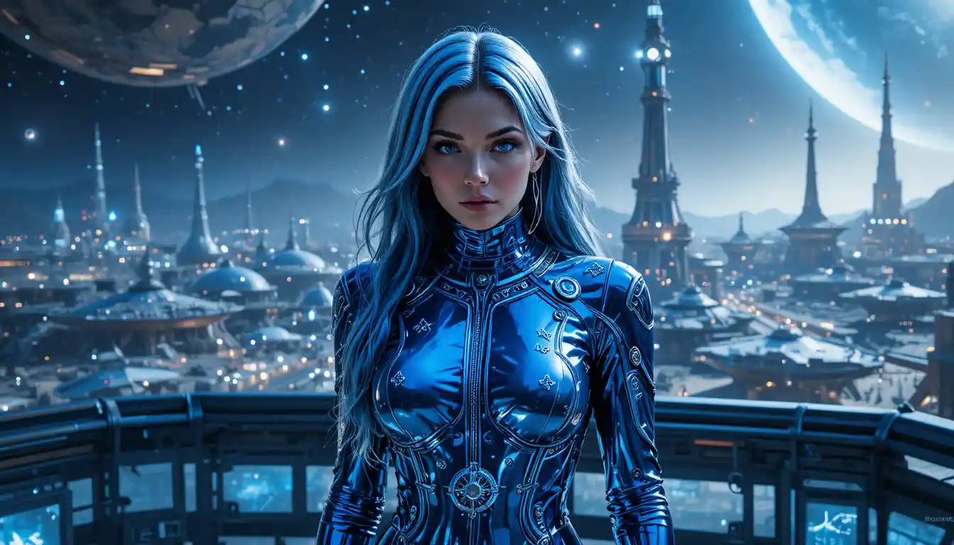 Confident female space explorer on starport observation deck