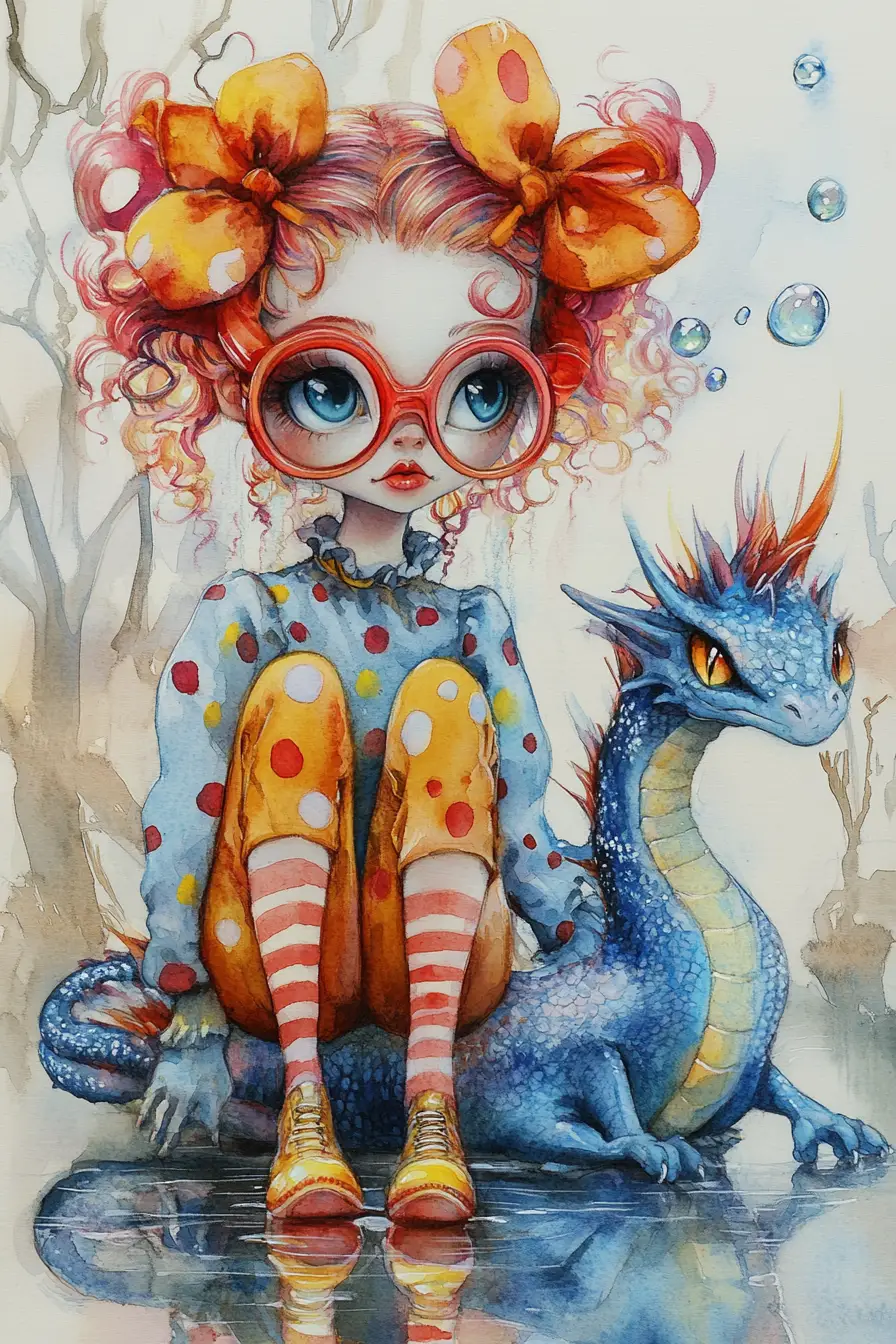 Whimsical woman with tiny dragon in watercolor fantasy scene