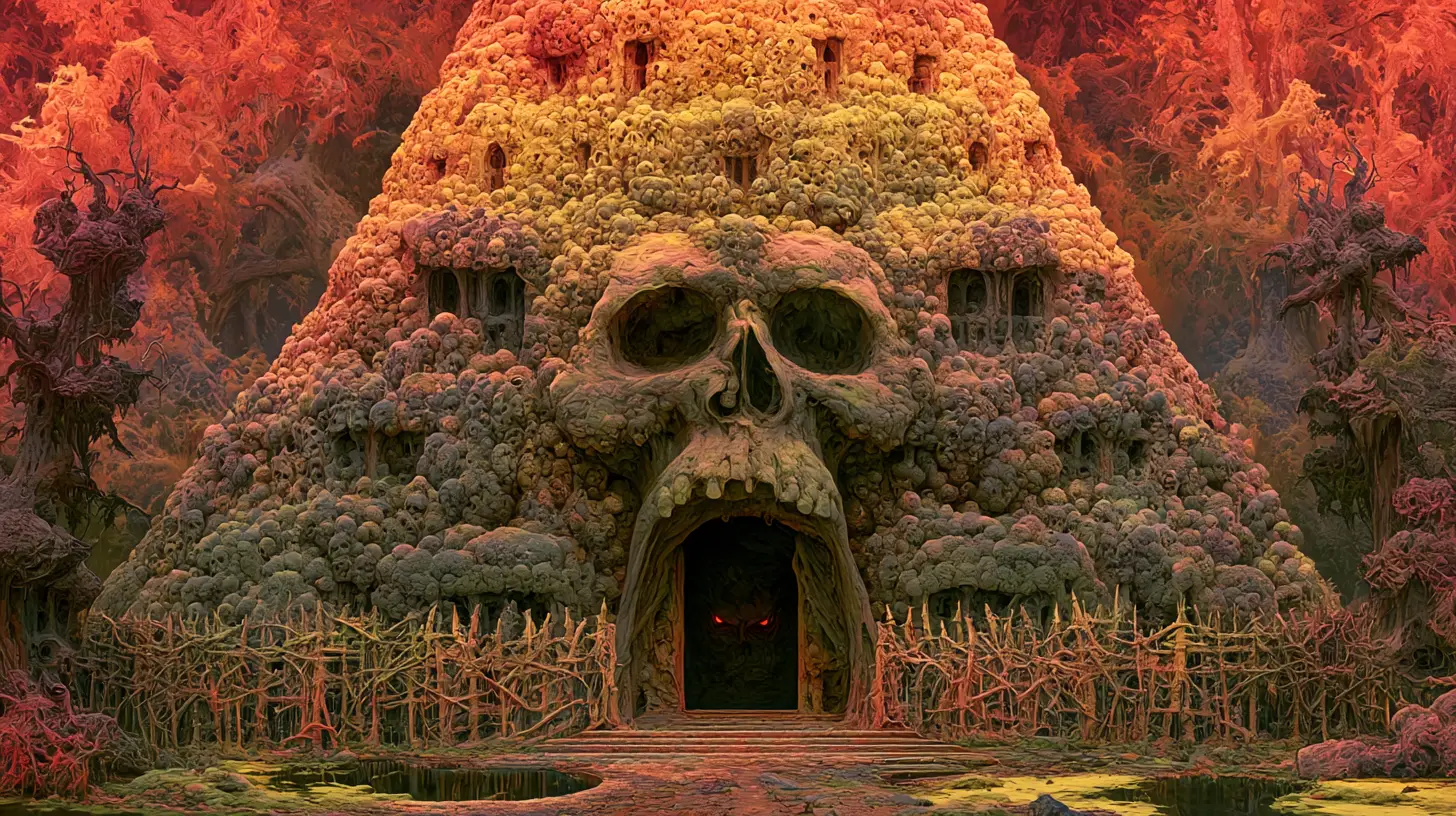 Haunted Skull Mansion With Gaping Maw In Dark Forest