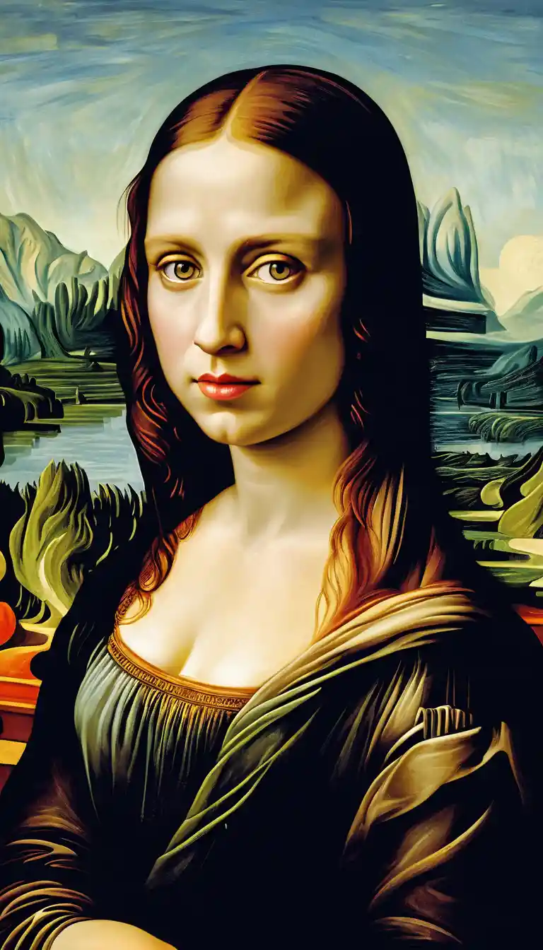 Colorful bodypainted woman before a classical landscape