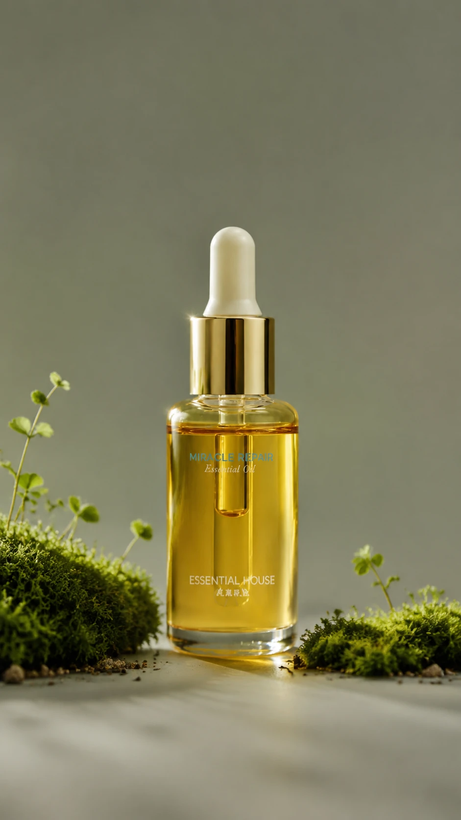 Close up natural skincare bottle with moss on gray tabletop