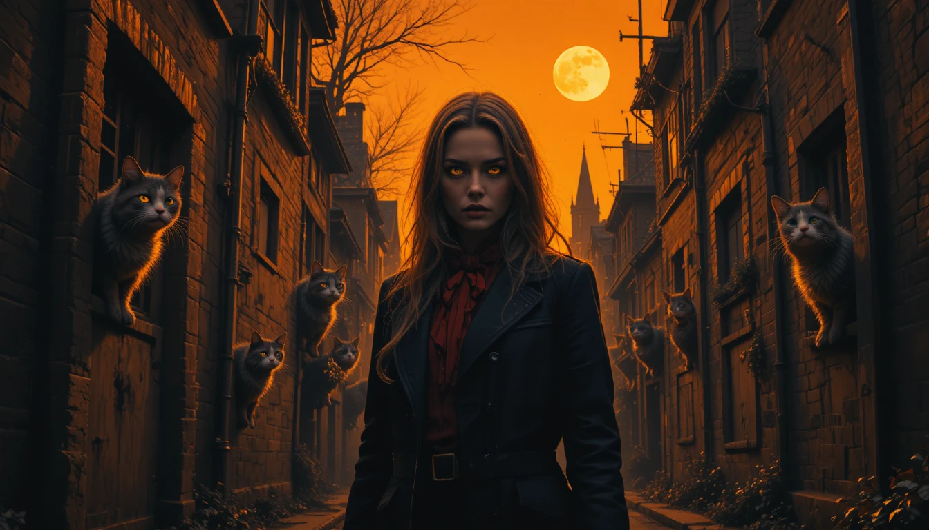 Cats With Glowing Eyes In Dark Moonlit City Alley