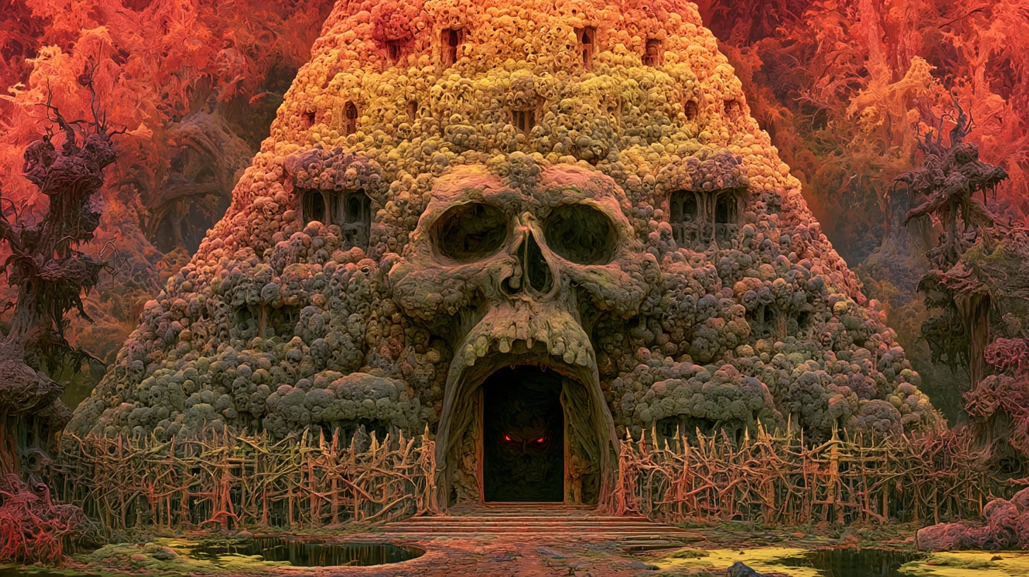 Haunted Skull Mansion With Gaping Maw In Dark Forest