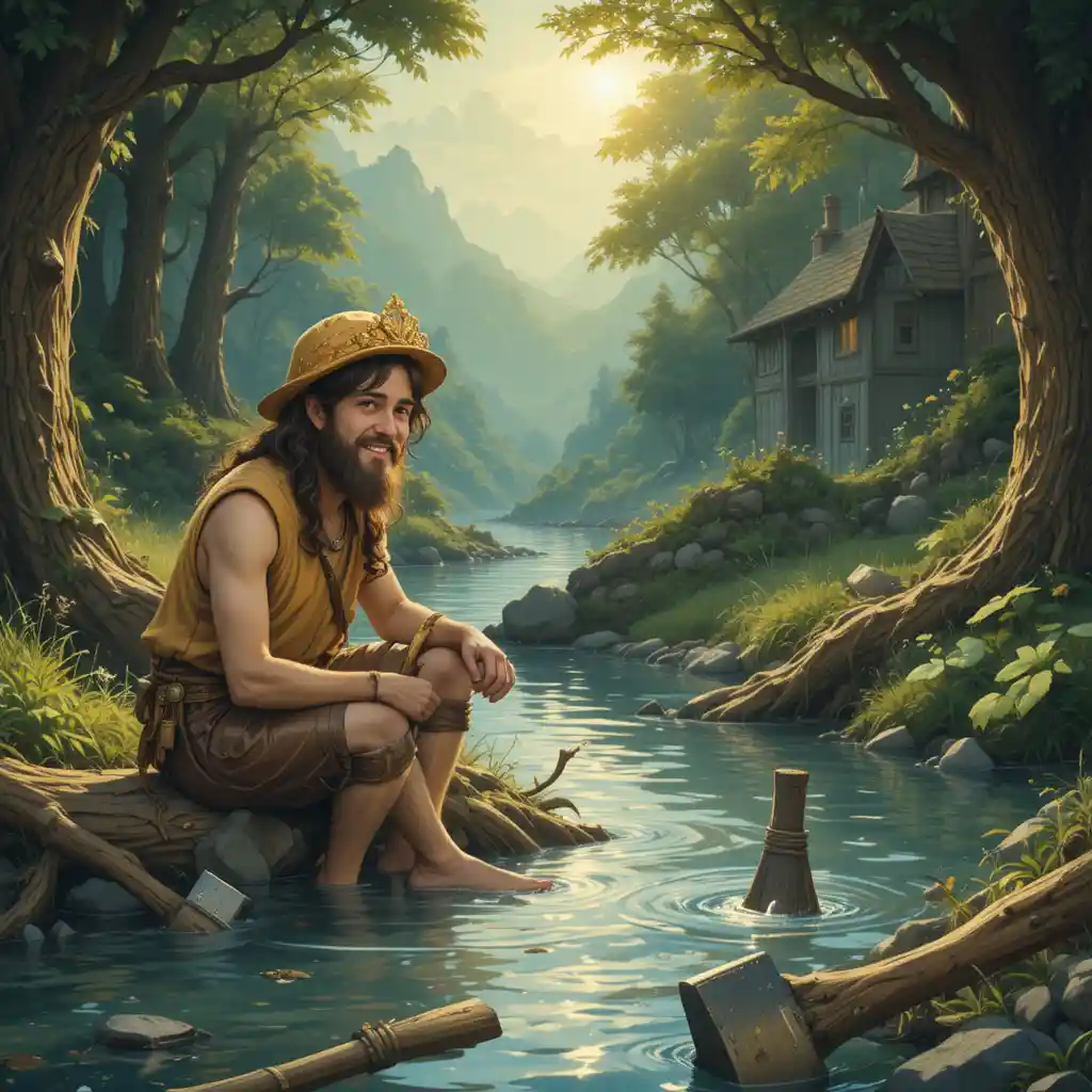Poor woodcutter crying by the river after losing axe