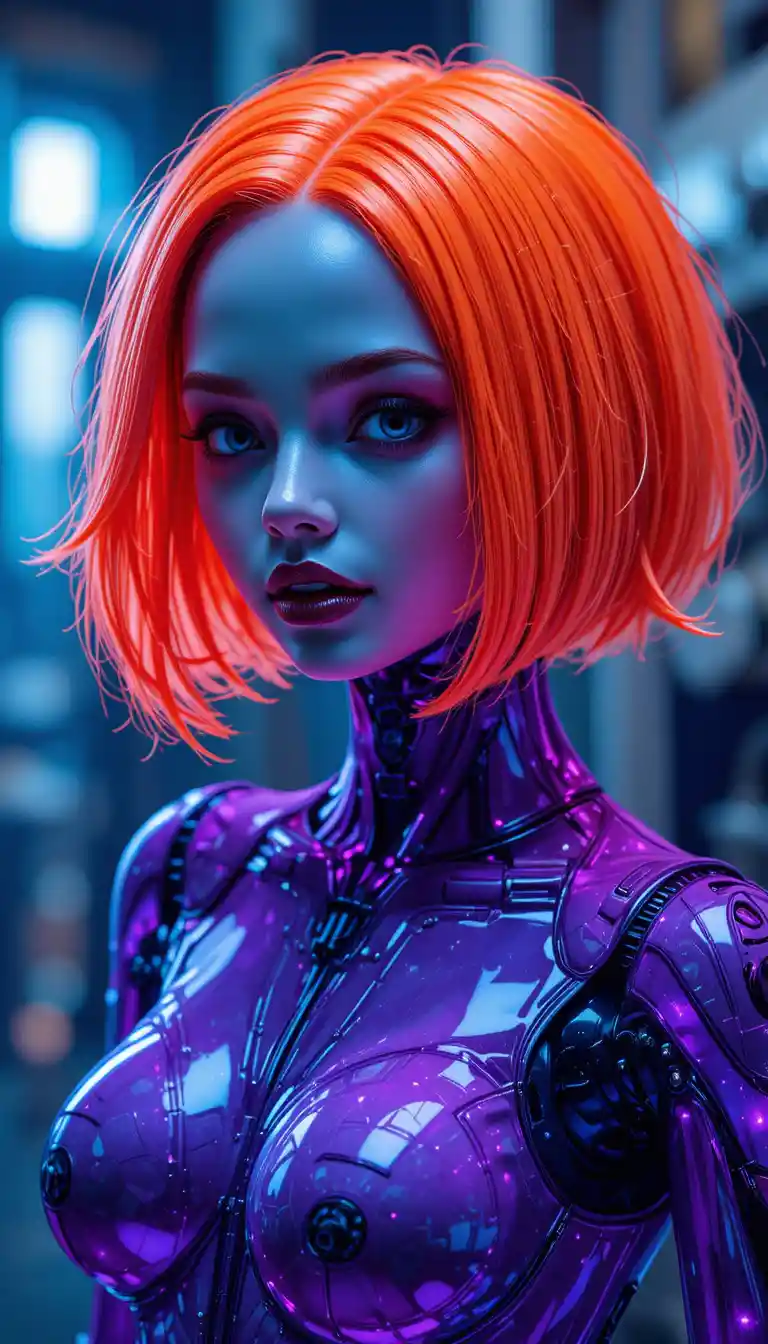 Futuristic robot woman in neon purple latex bodysuit