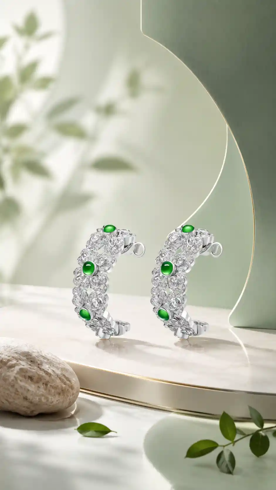Minimalist jewelry poster with soft abstract green background