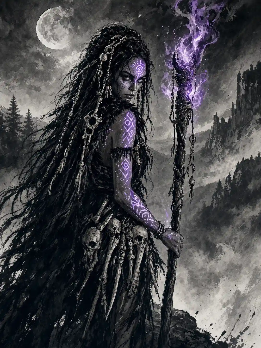 Stone age sorceress on a misty moonlit cliff