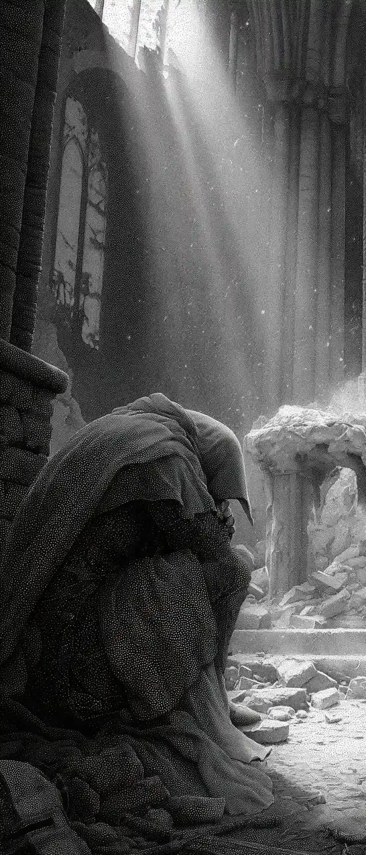 Weathered knight kneeling before a shattered cathedral altar