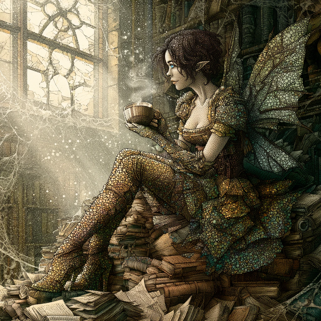 Steampunk fairy sipping coffee atop ancient library books