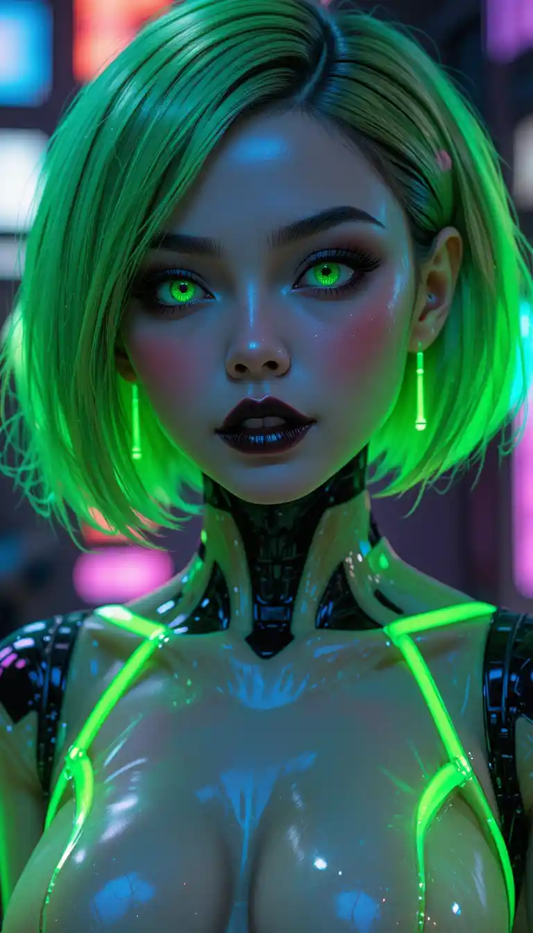 Futuristic robot woman in neon green latex suit