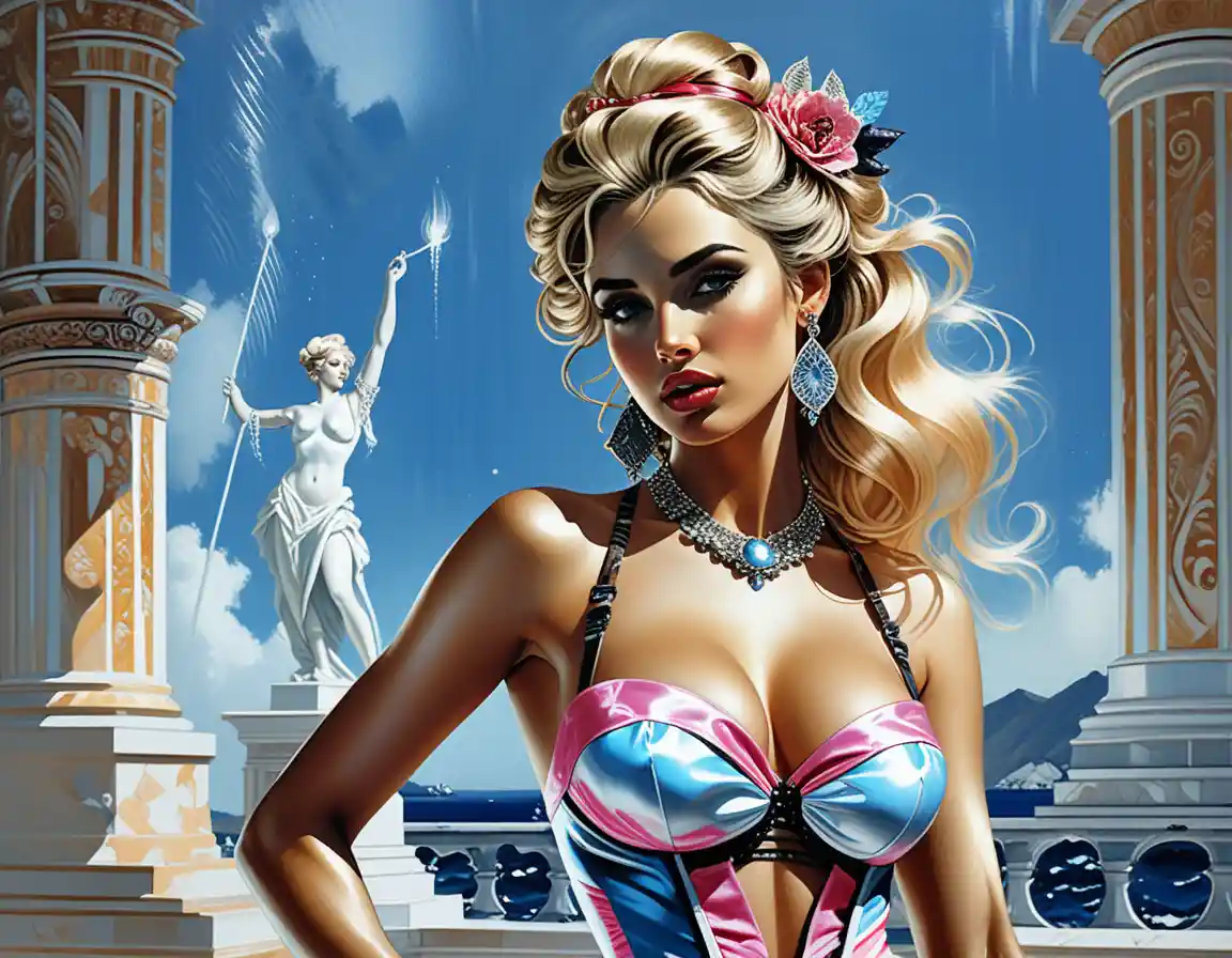 Neon drenched fashion goddess in baroque corset pose
