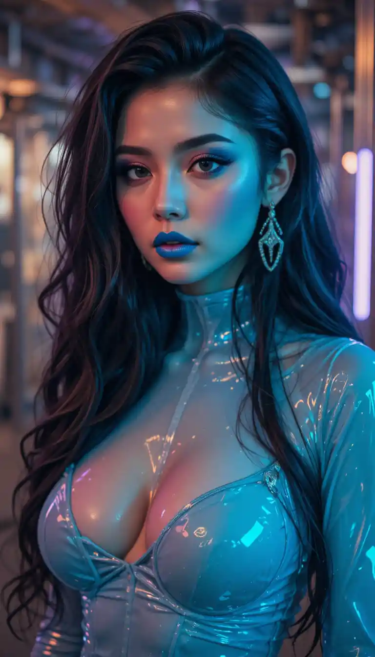 Seductive sci fi woman in glowing blue latex suit