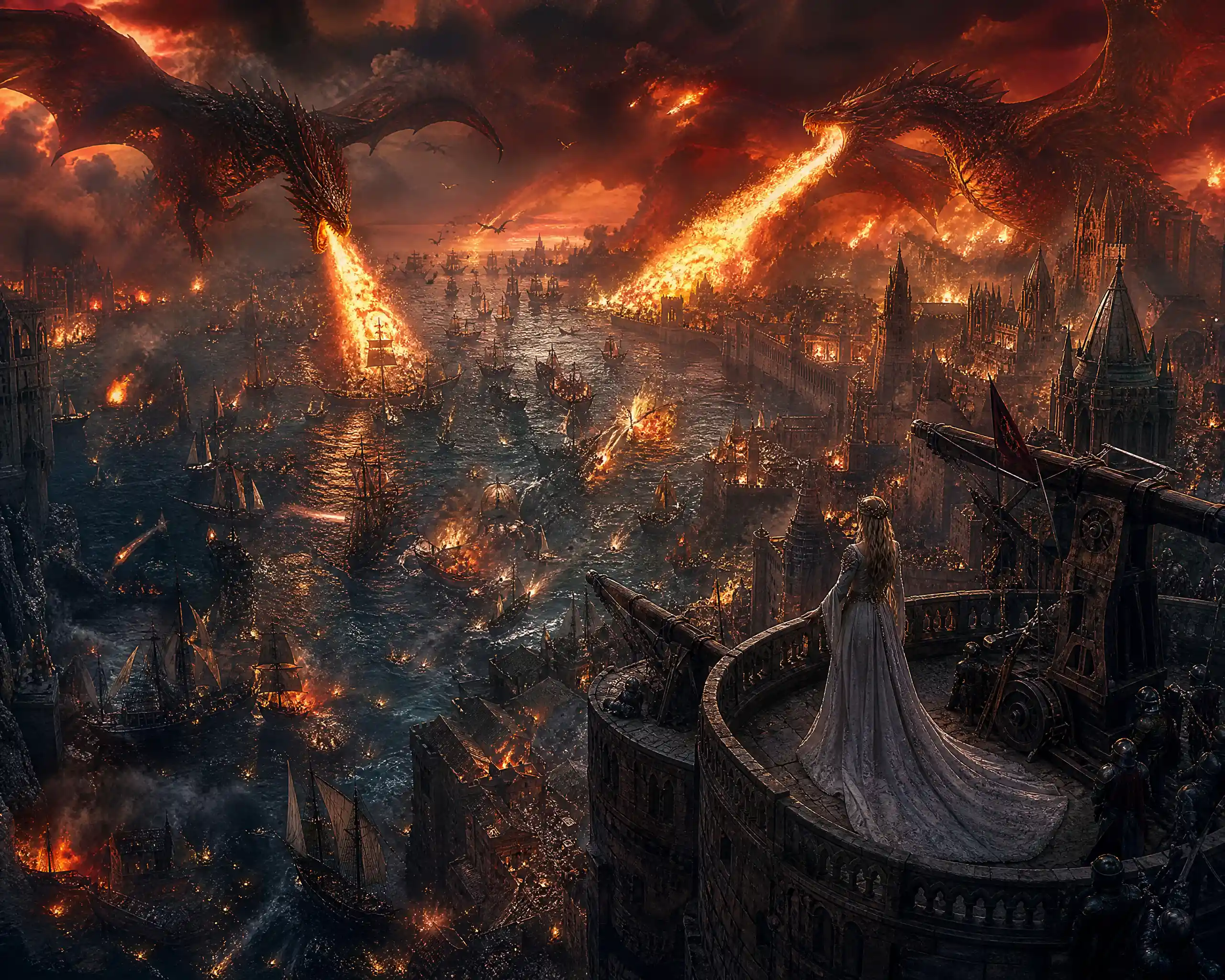 Dragons Lay Siege To A Burning Fantasy Port City