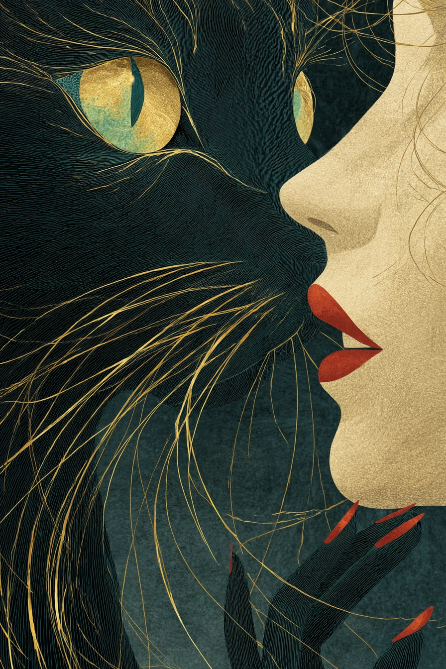 Black cat and woman silhouette with golden glowing lines