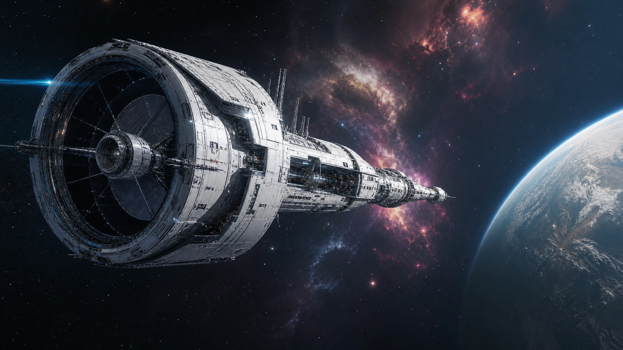 Massive white spaceship approaching a distant colorful planet