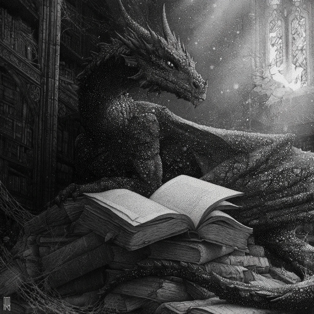 Stippled black dragon on decaying books in gothic library