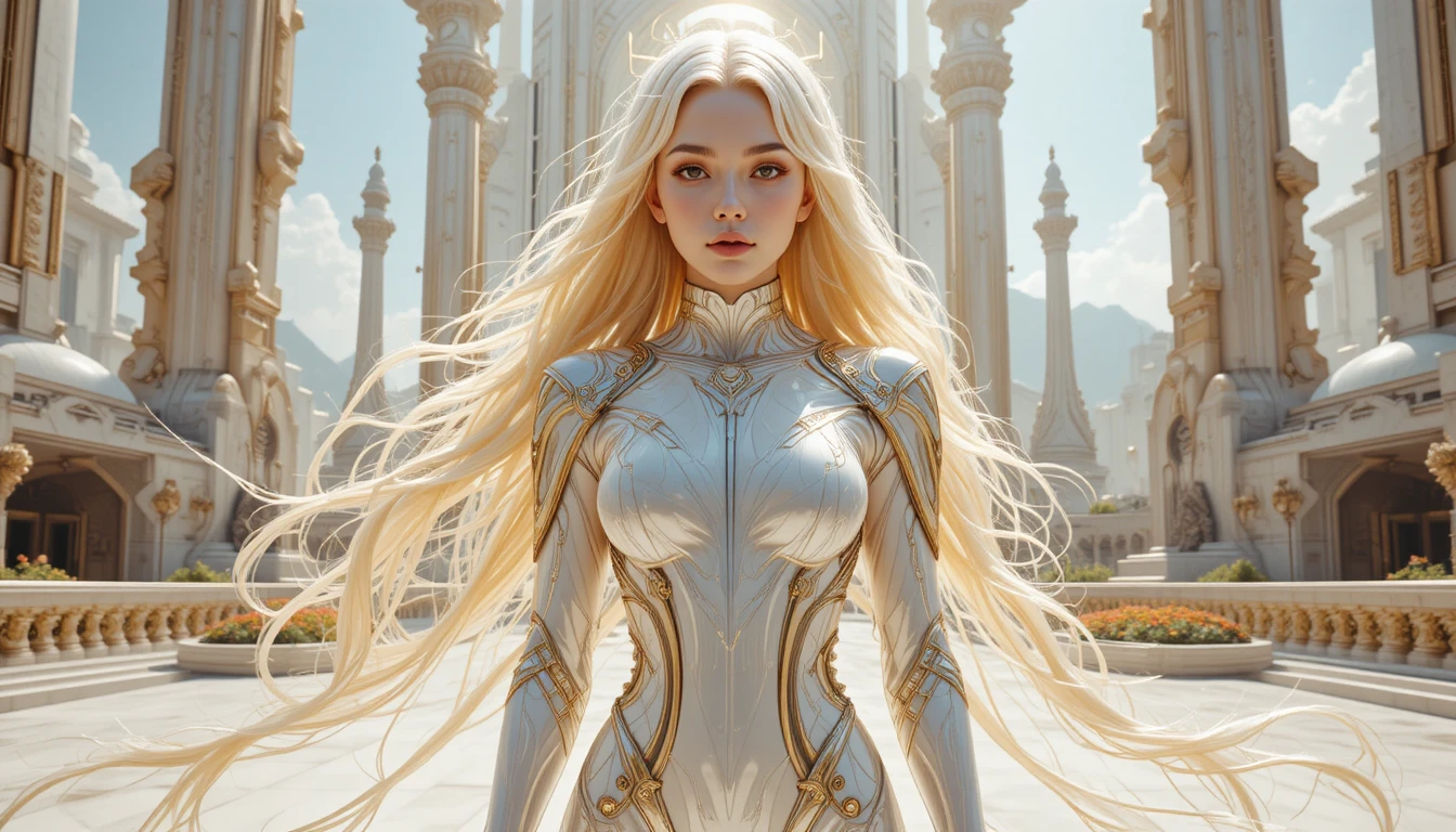 Futuristic woman on a grand terrace above a galactic city