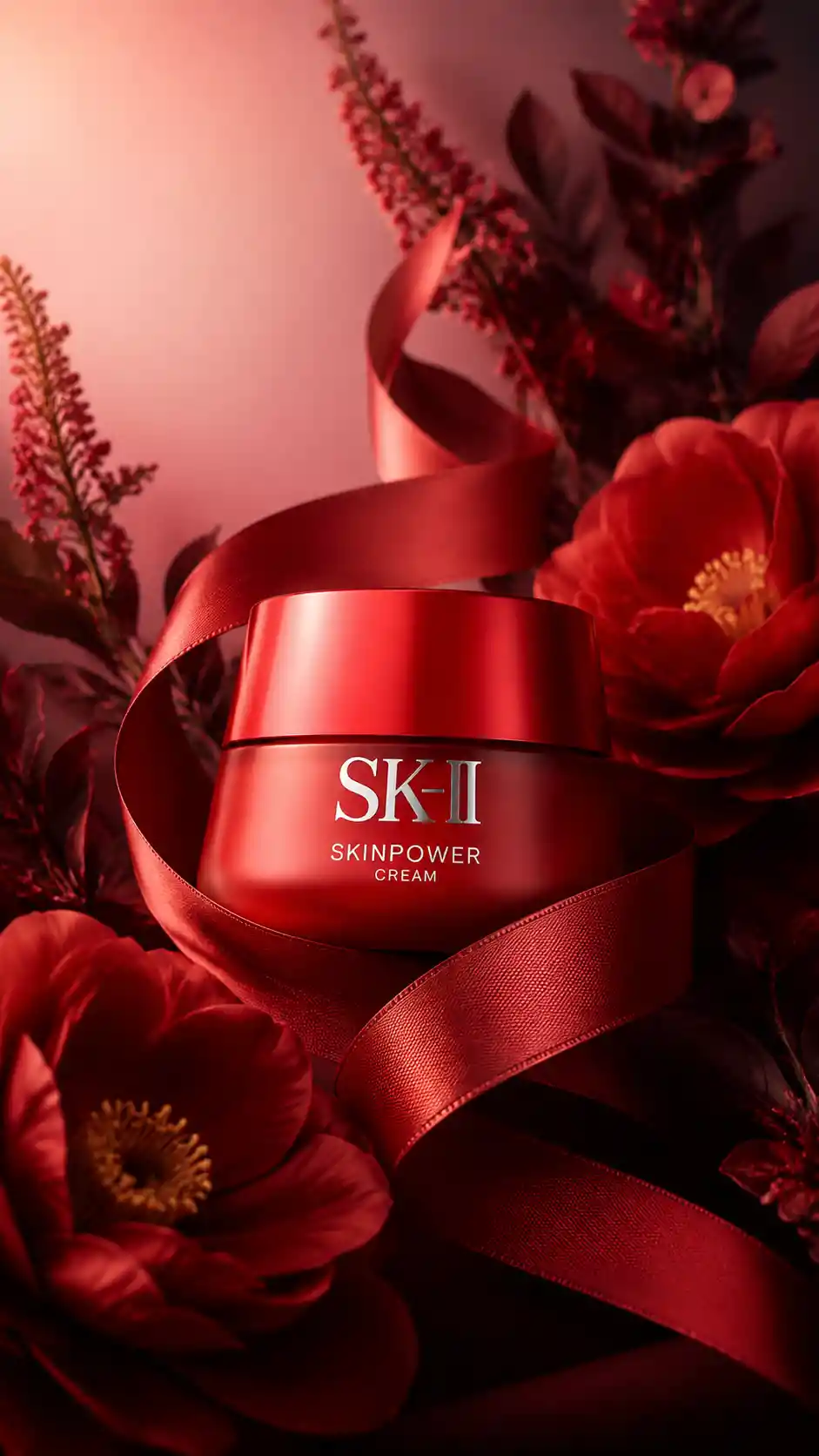 Luxurious red cosmetic bottle with ribbon and flowers