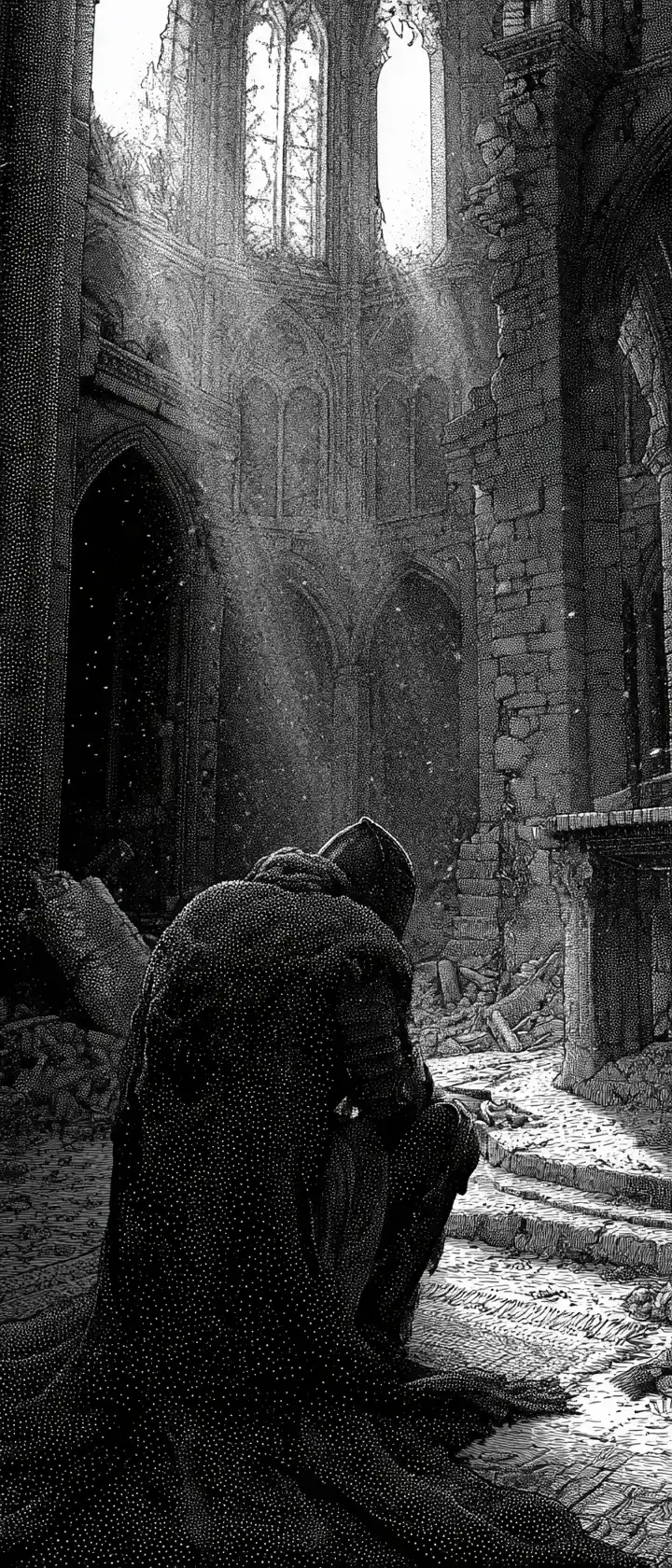 Knight Kneeling Before Shattered Altar In Ruined Cathedral
