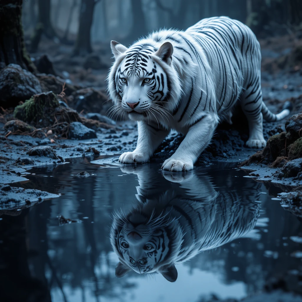 White tiger emerging from a reflective ink stained puddle