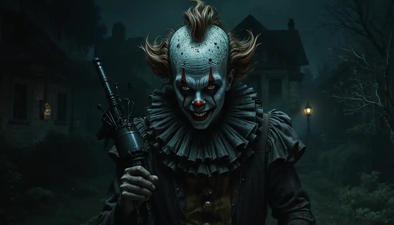 Clown terrificante che emerge dall'oscurità in una stanza in degrado