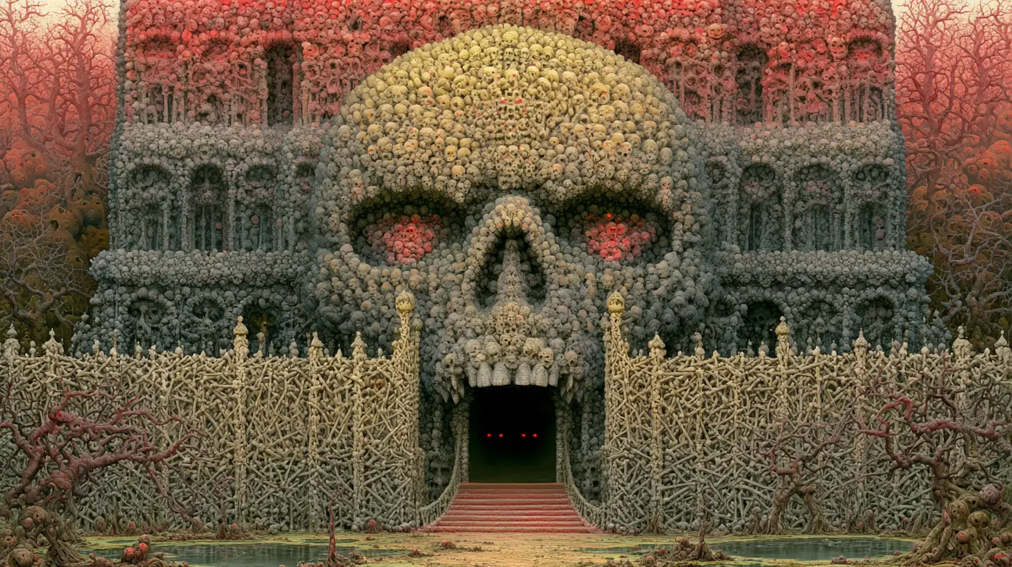 Haunted Skull Mansion With Gaping Maw Door In Dark Forest
