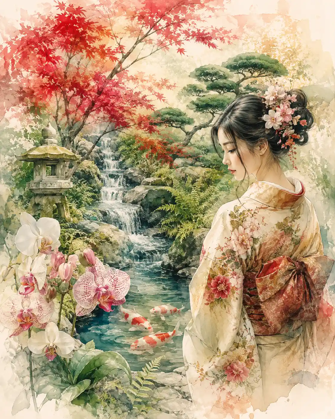 Peaceful Japanese Garden Stream With Traditional Asian Woman