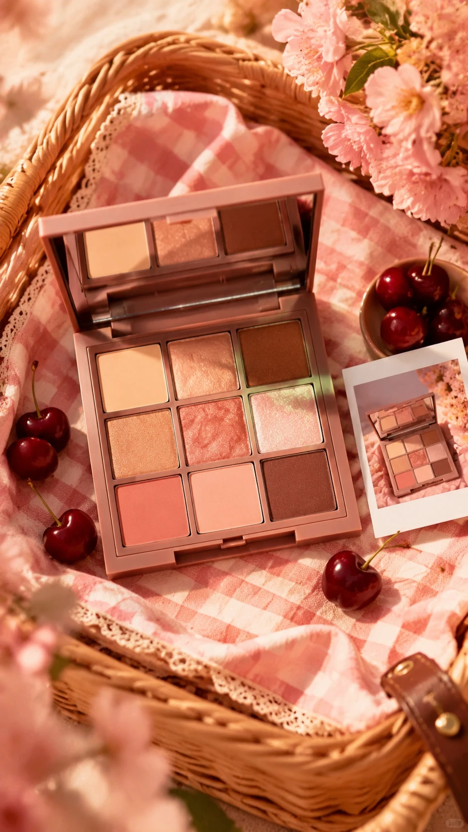 Elegant makeup palette in picnic basket with cherries
