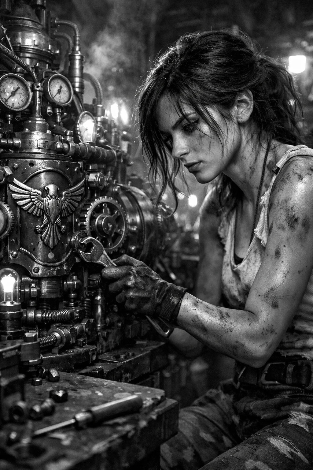 Determined female mechanic repairing steampunk machine in workshop