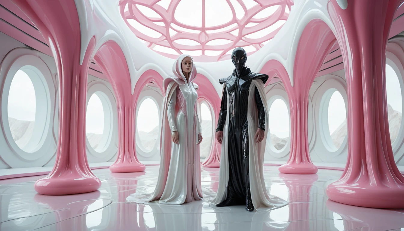 Alien judge in a biomorphic latex courtroom interior