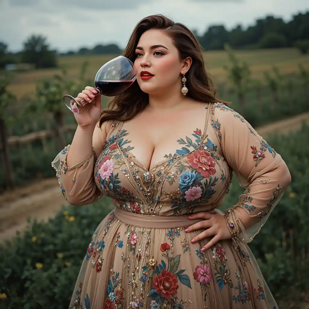 Plus size woman drinking wine in a rural landscape