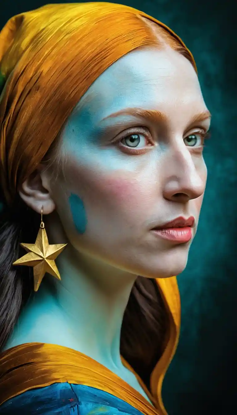 Confident painted woman with rainbow body art in landscape