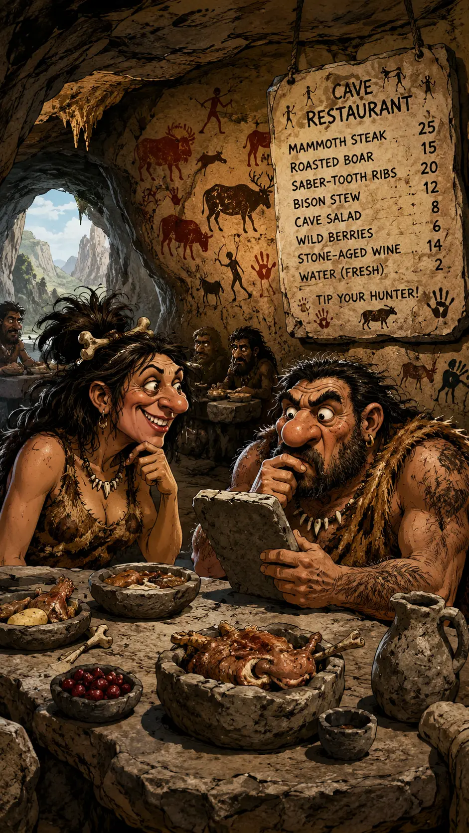 Humorous caveman couple dining in a cave restaurant