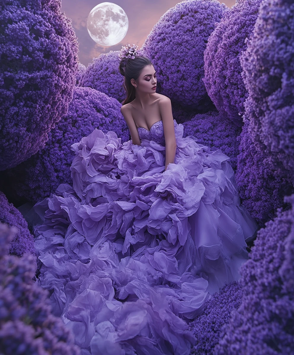 Ethereal Woman In Lavender Gown Under Enchanting Moonlight