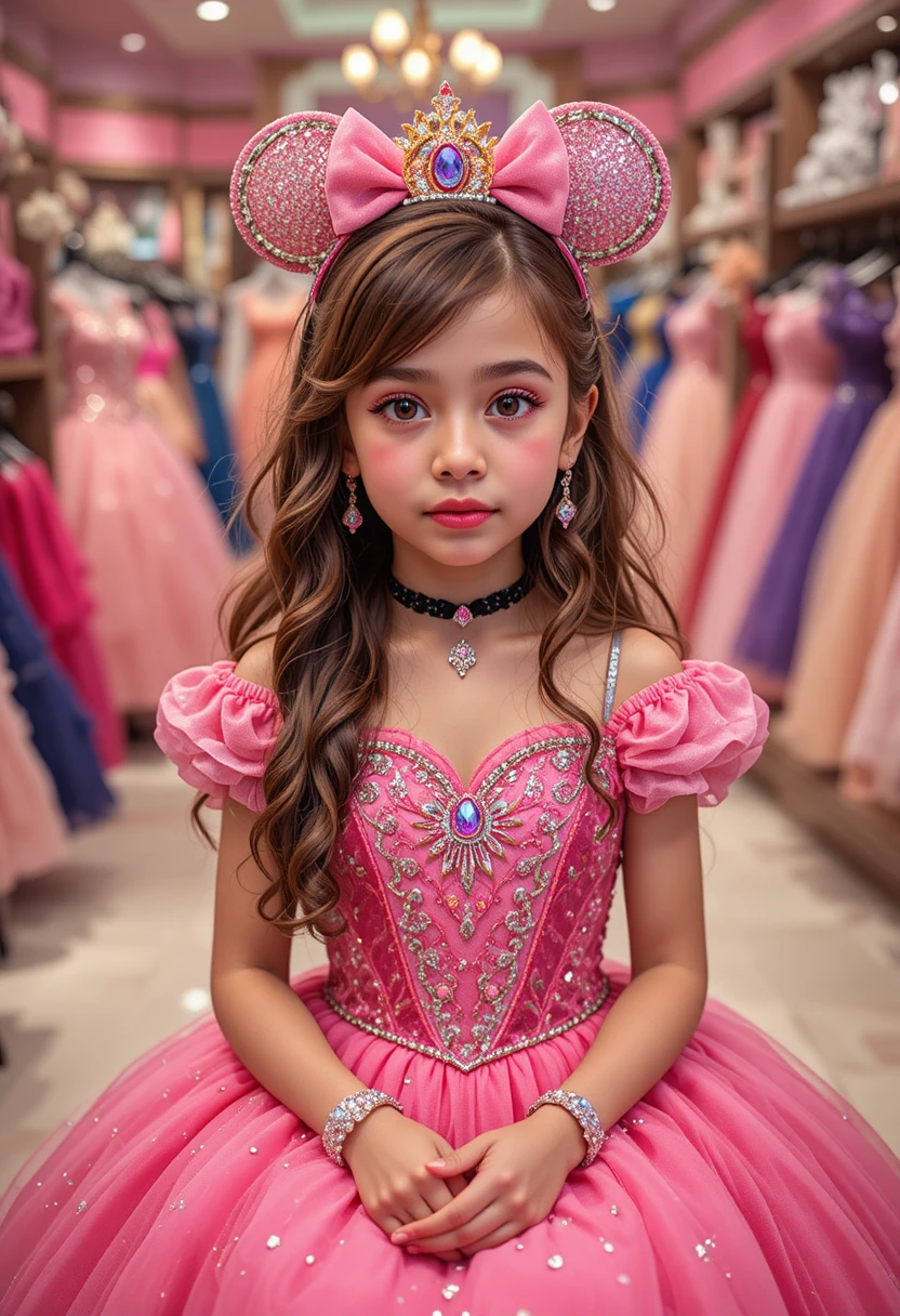 Young princess in pink dress inside a Disney shop
