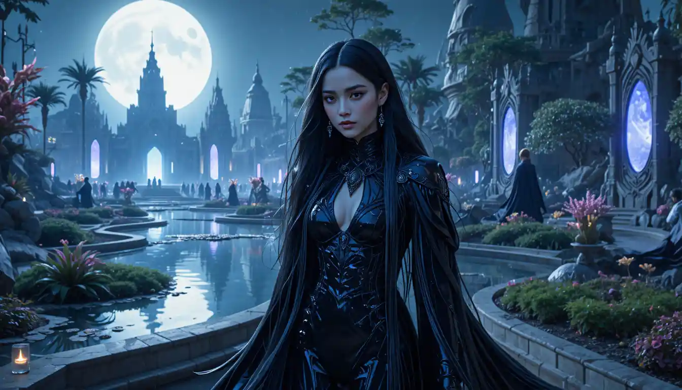 Mysterious woman walking through a moonlit alien park