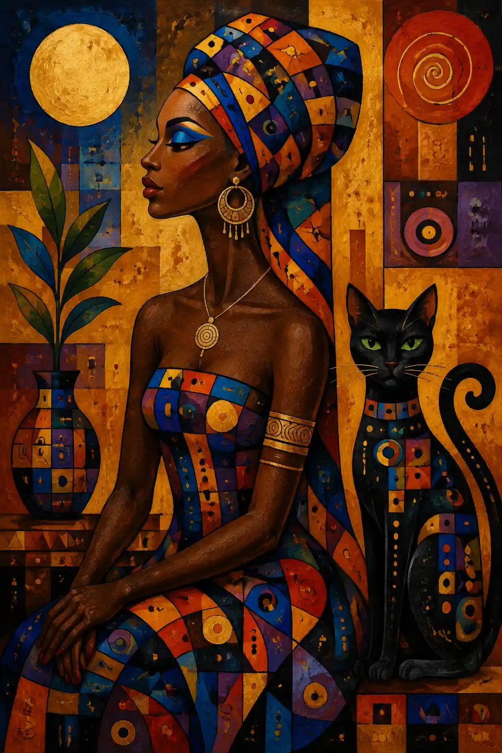 Abstract woman in profile with black cat and bold patterns