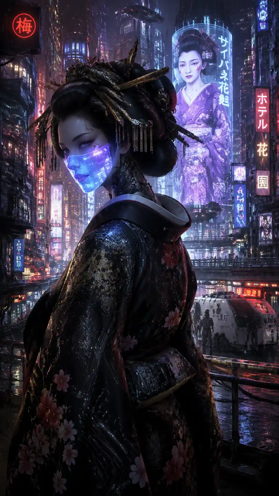 Cyberpunk geisha in neon drenched futuristic Tokyo street