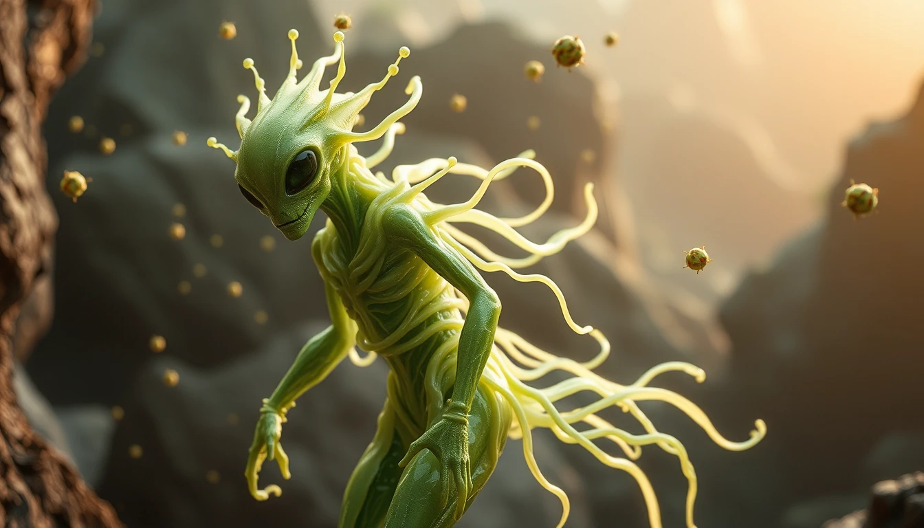 Alien latex guardian in a luminous sci fi ecosystem