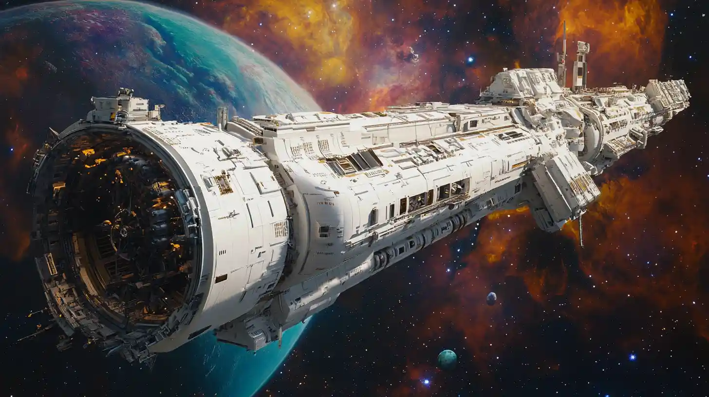 Massive futuristic spaceship approaching a distant colorful planet