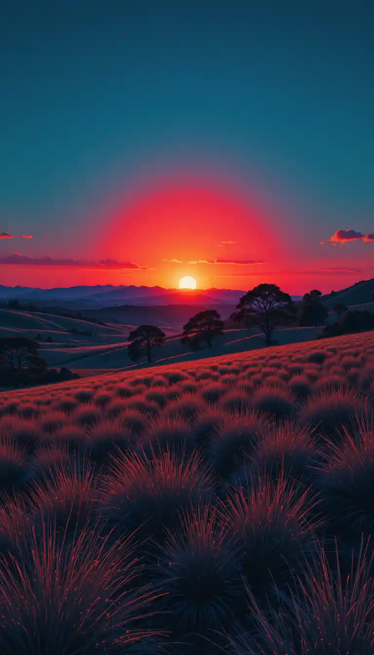 Sunset sky over misty grassland with distant tree silhouettes