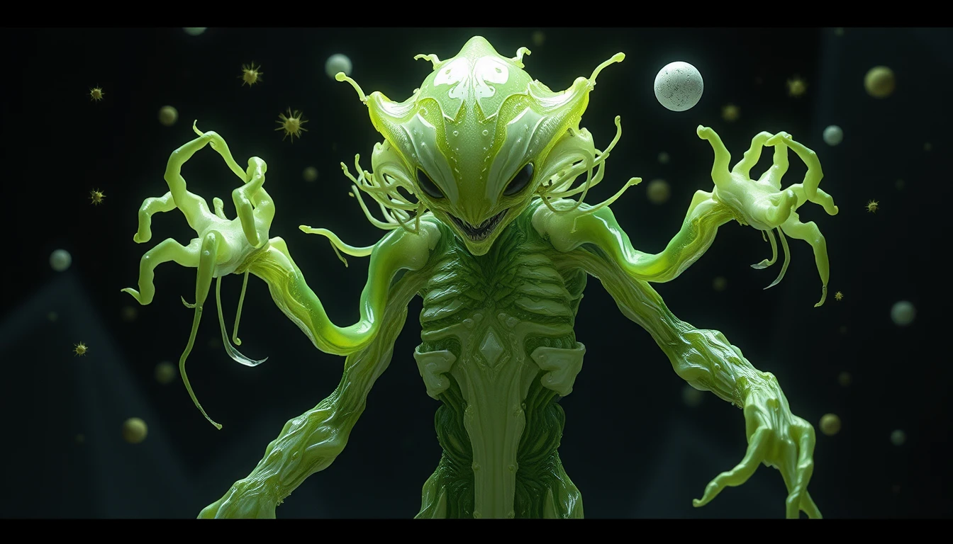 Alien latex guardian in a luminous sci fi ecosystem
