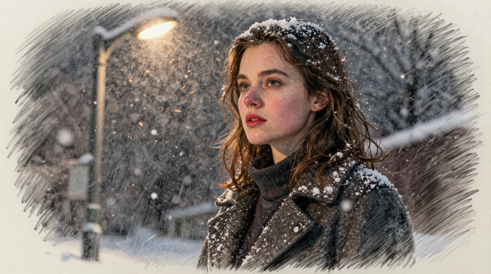 Jeune femme sous un réverbère solitaire sous la neige