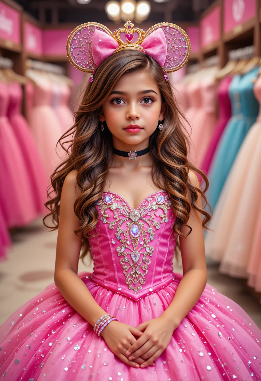 Young princess in pink dress at boutique shop