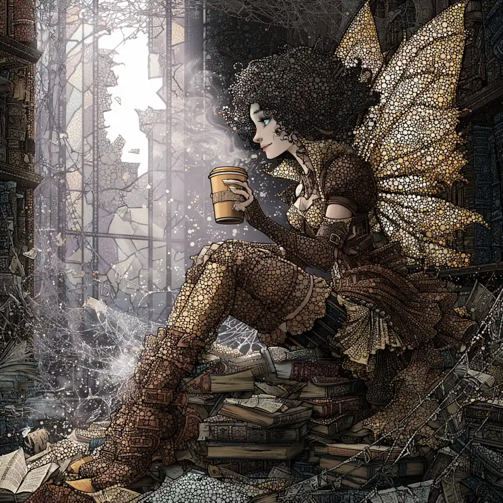 Steampunk fairy enjoying coffee in a gothic library