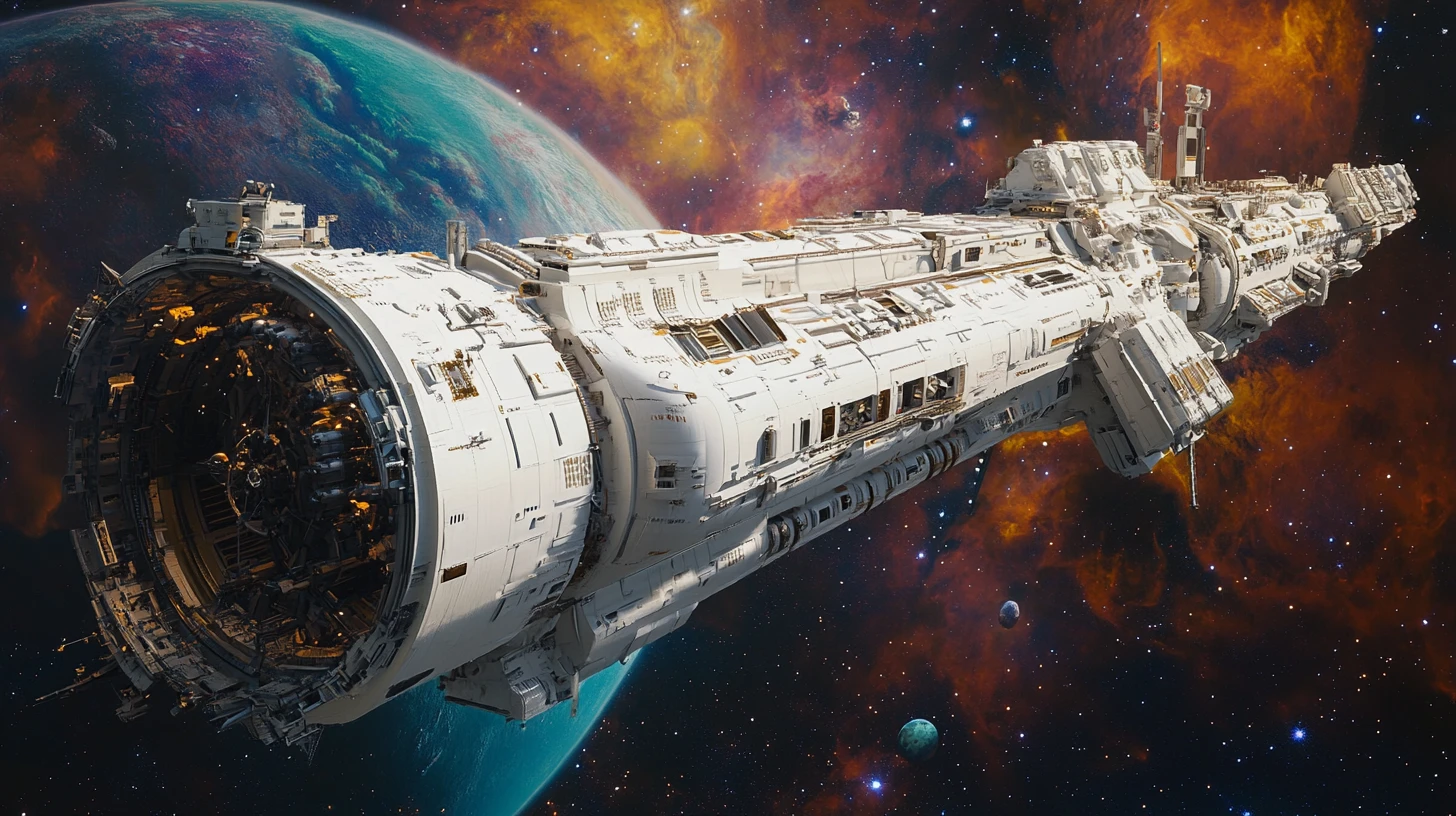 Massive futuristic spaceship approaching a distant colorful planet